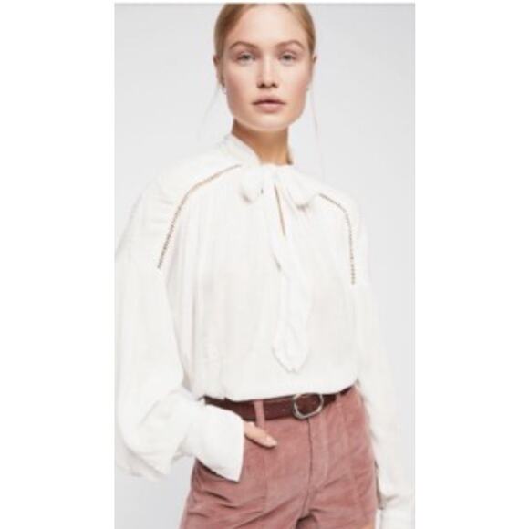 Free People Ivory Wishful Moments Tie Neck Balloon Sleeve Sleeve Romantic Top M - Picture 1 of 8